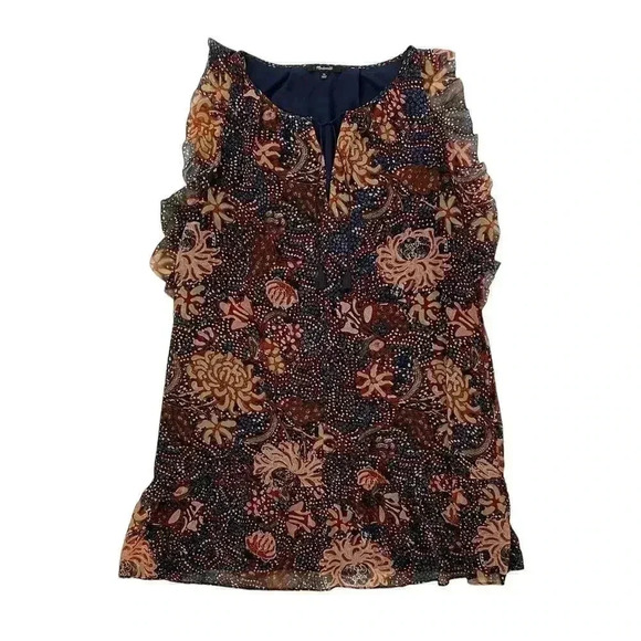 Madewell Lily Ruffle Dress in Sea Floral - Flutter Sleeve - Brown Blue - Size XL - Picture 2 of 6